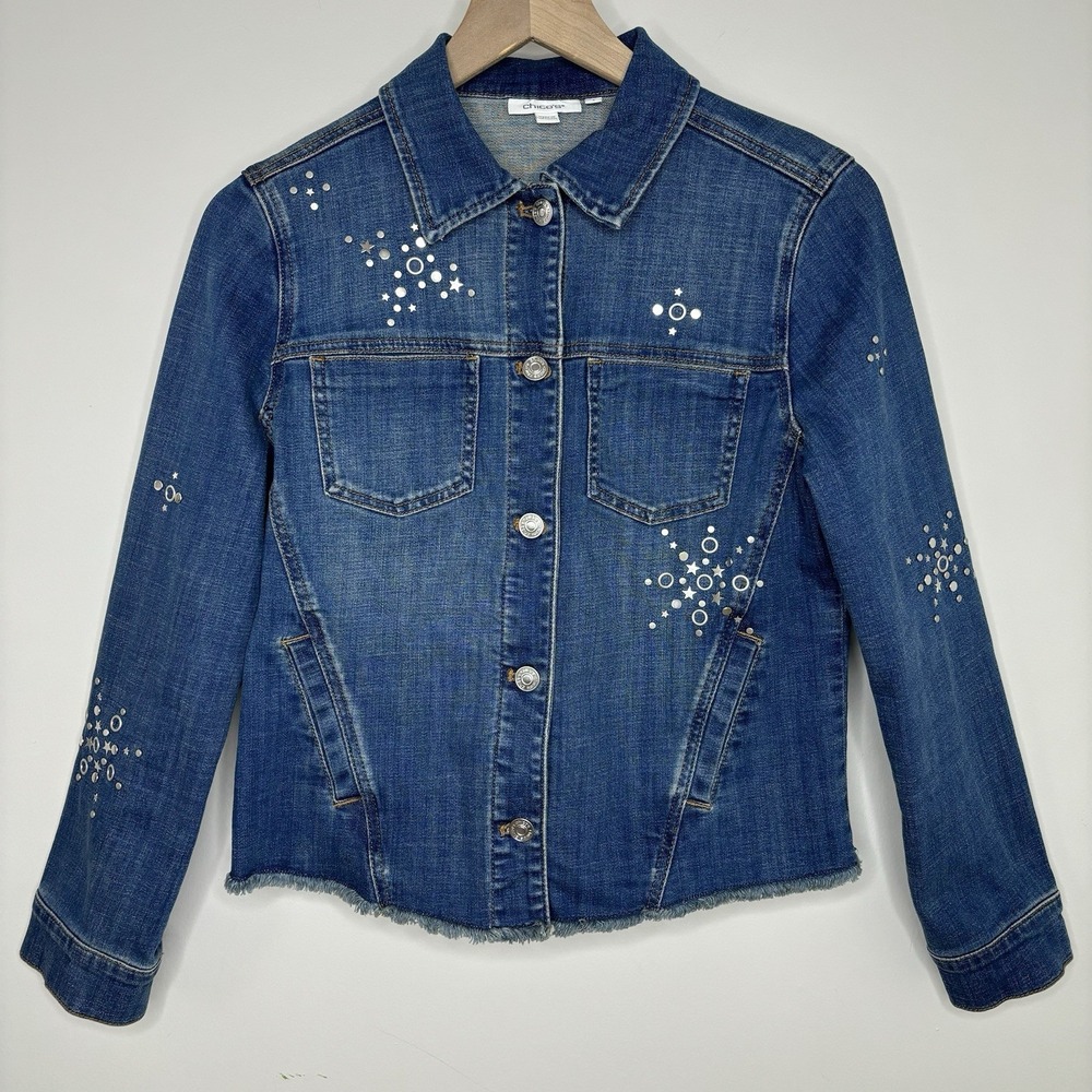 Chicos Embellished Denim Jacket 0 Rhinestone Americana Rodeo Bling Western Stars